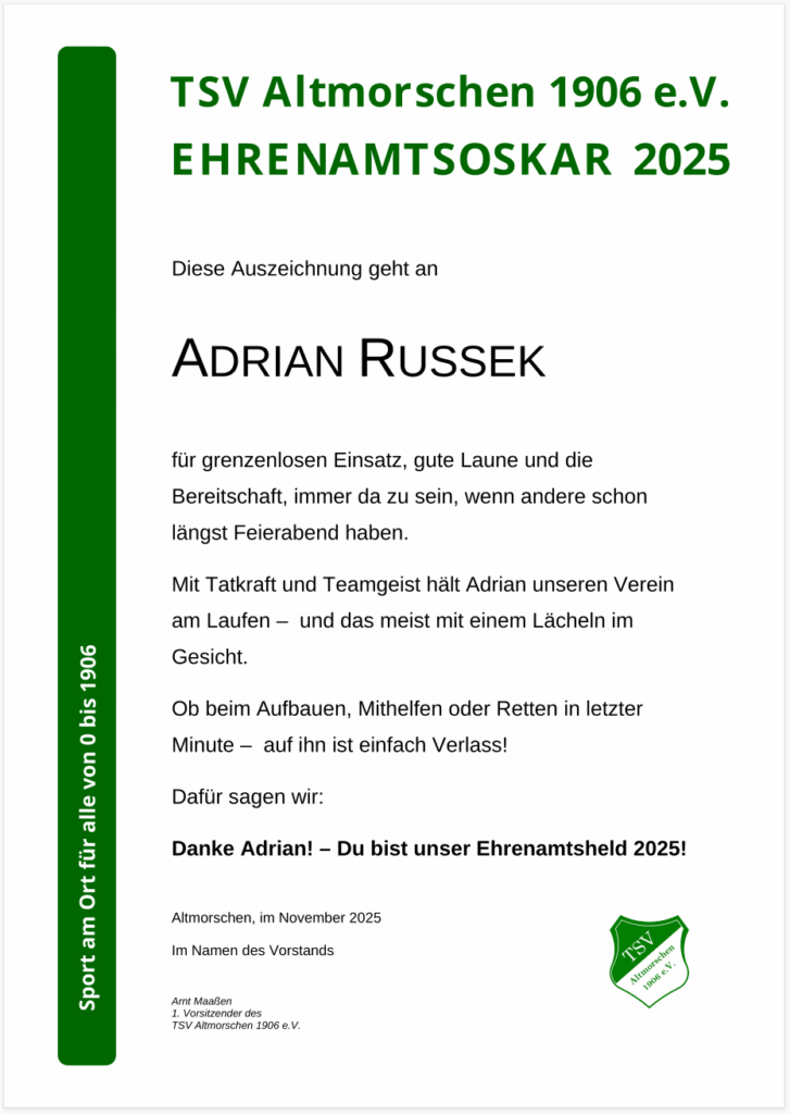 2025 Urkunde Ehrenamtoskar